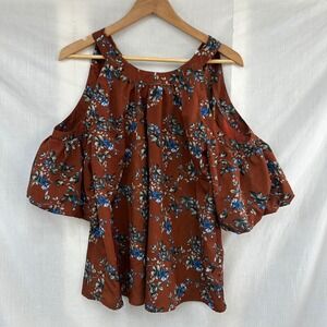 Entro women's Medium Cold Shoulder Blouse Rust Floral Print Bell Sleeve Tie Back